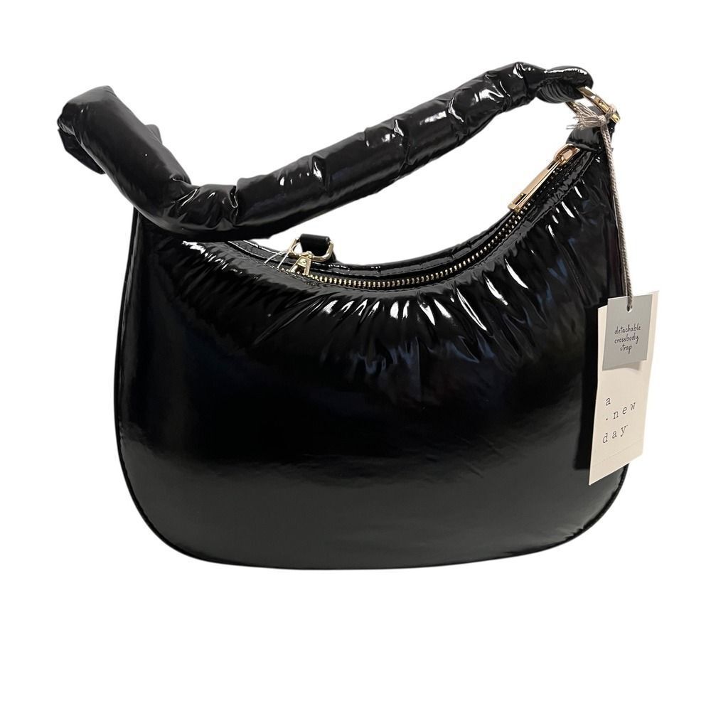 A New Day Black Puffer Hobo Bag with Detachable Crossbody Strap‎ Shiny Soft NEW